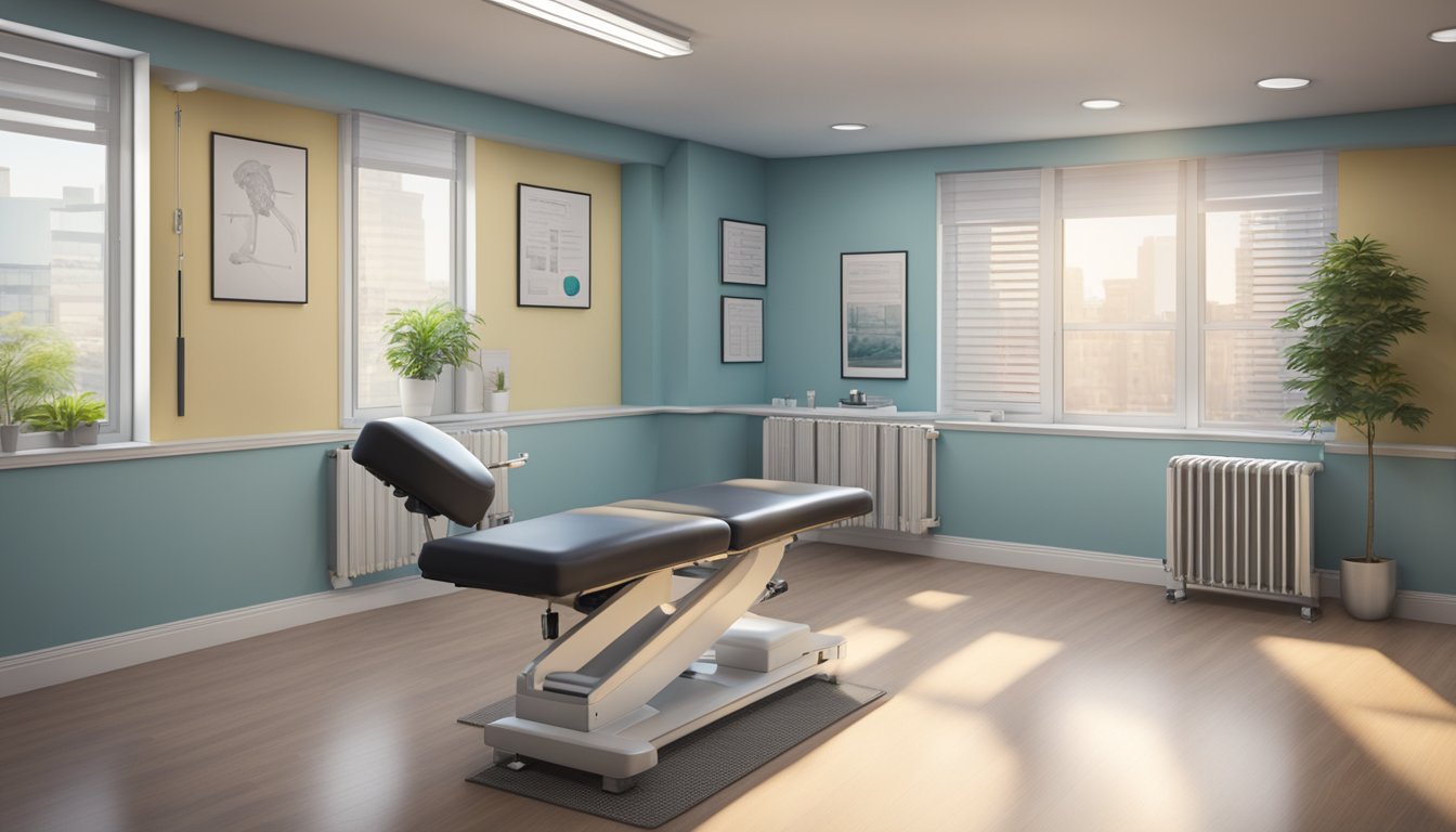 An empty chiropractic office with a treatment table, equipment, and posters of the spine on the walls