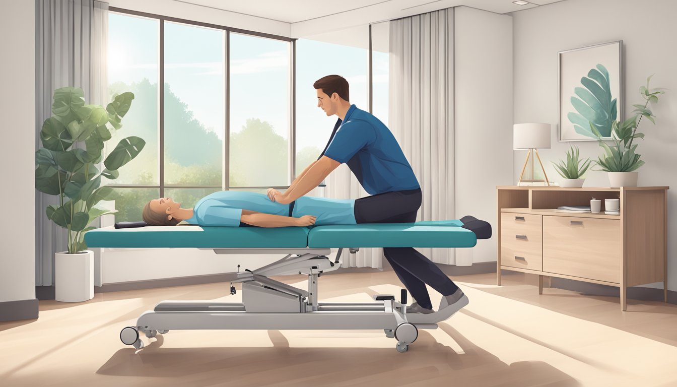 A chiropractor in Newmarket adjusting a patient's spine on a treatment table in a bright, modern office with calming decor