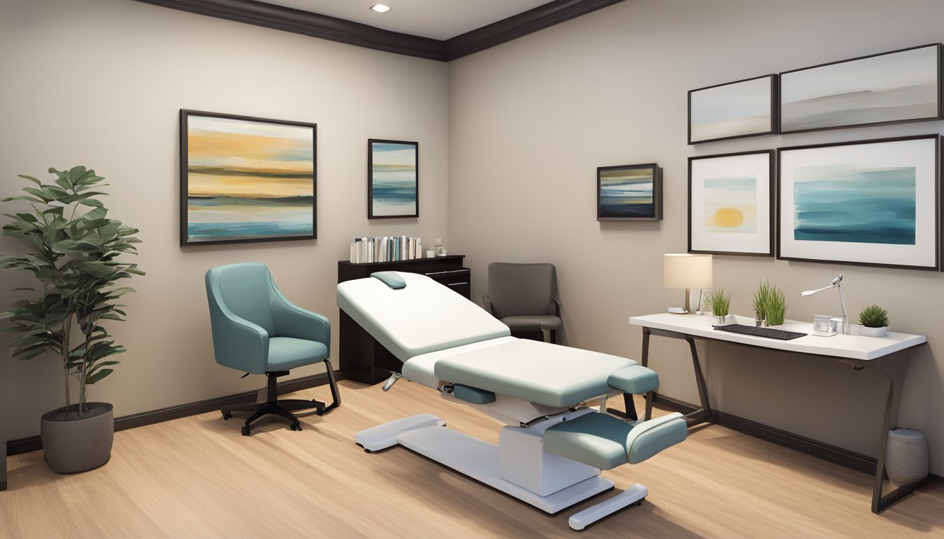 A chiropractor's office in Newmarket, with a comfortable treatment table, ergonomic chairs, and soothing decor