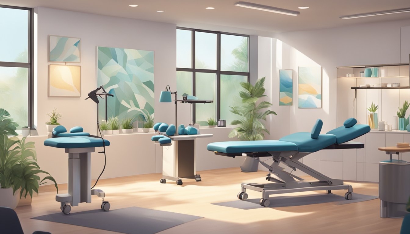 A chiropractor performing spinal adjustments in a modern clinic setting with massage tables, exercise equipment, and soothing decor