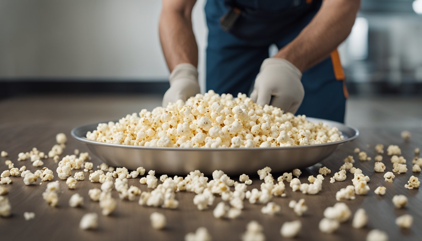 A worker scrapes away popcorn texture from a ceiling, revealing a smooth, clean surface underneath. Dust and debris are scattered on the floor