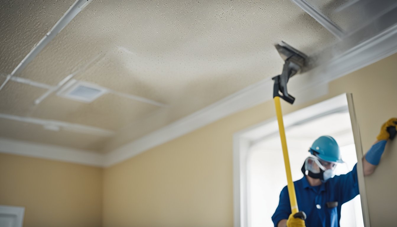 A worker scrapes away textured popcorn ceiling in a bright, empty room, with tools and protective gear nearby