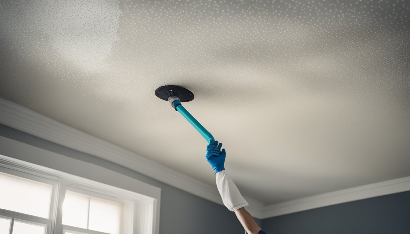 A professional using tools to remove popcorn ceiling in a Newmarket home, revealing a smooth, clean ceiling