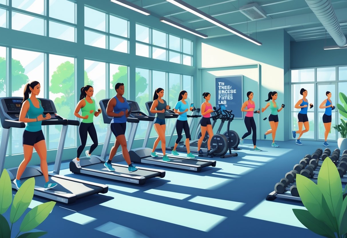 A bright and spacious fitness studio with people exercising on treadmills and lifting weights, surrounded by modern gym equipment.