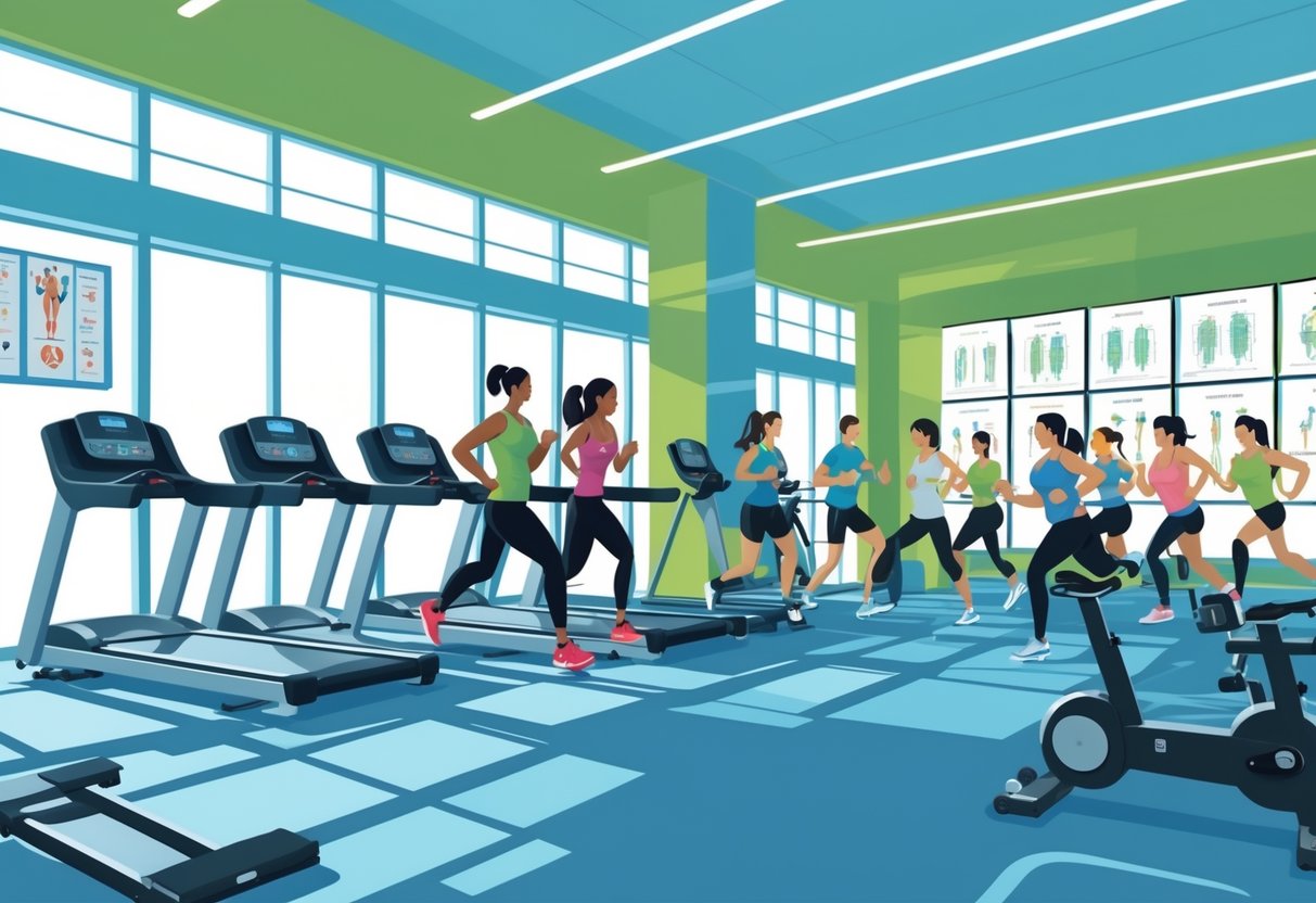 A modern gym with people exercising on various machines and digital workout displays, creating a bright and energetic fitness environment.