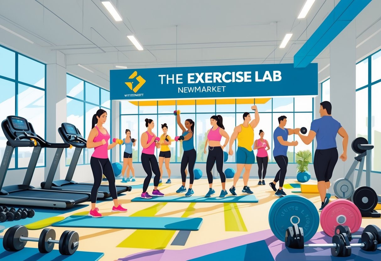 A group of people exercising together in a bright, modern fitness studio with trainers assisting and various workout equipment around.