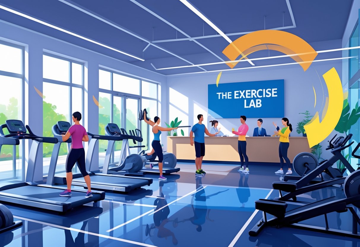 A modern gym interior with people exercising and a trainer assisting a client, featuring exercise equipment and natural light.