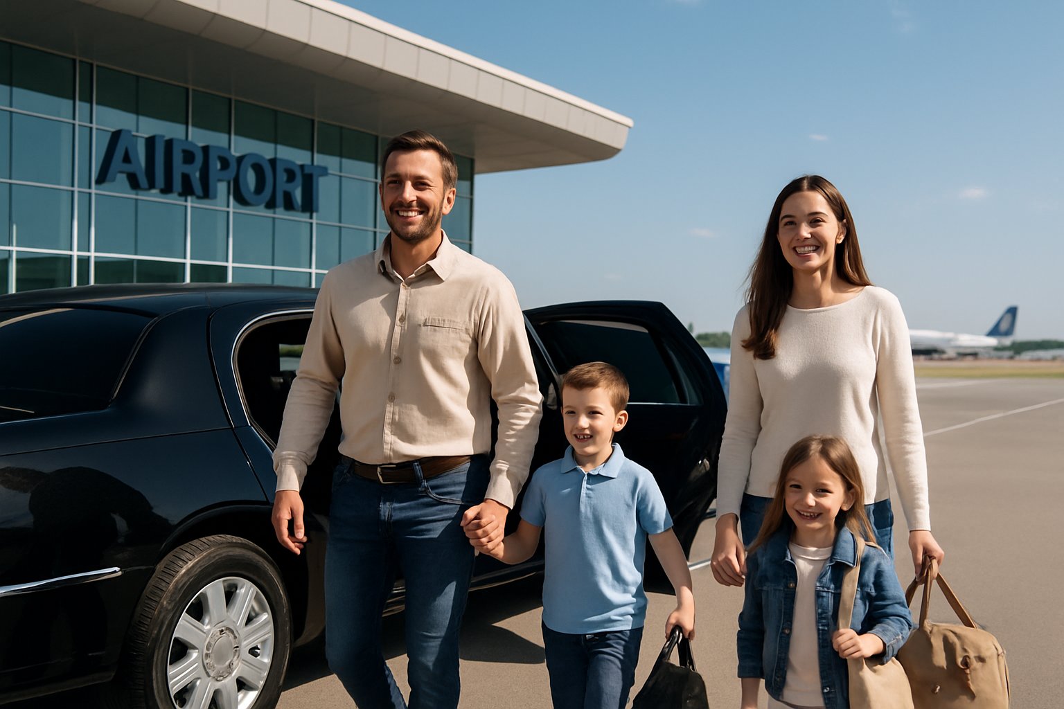 A family of four happily exiting a black limousine outside an airport terminal with airplanes in the background.