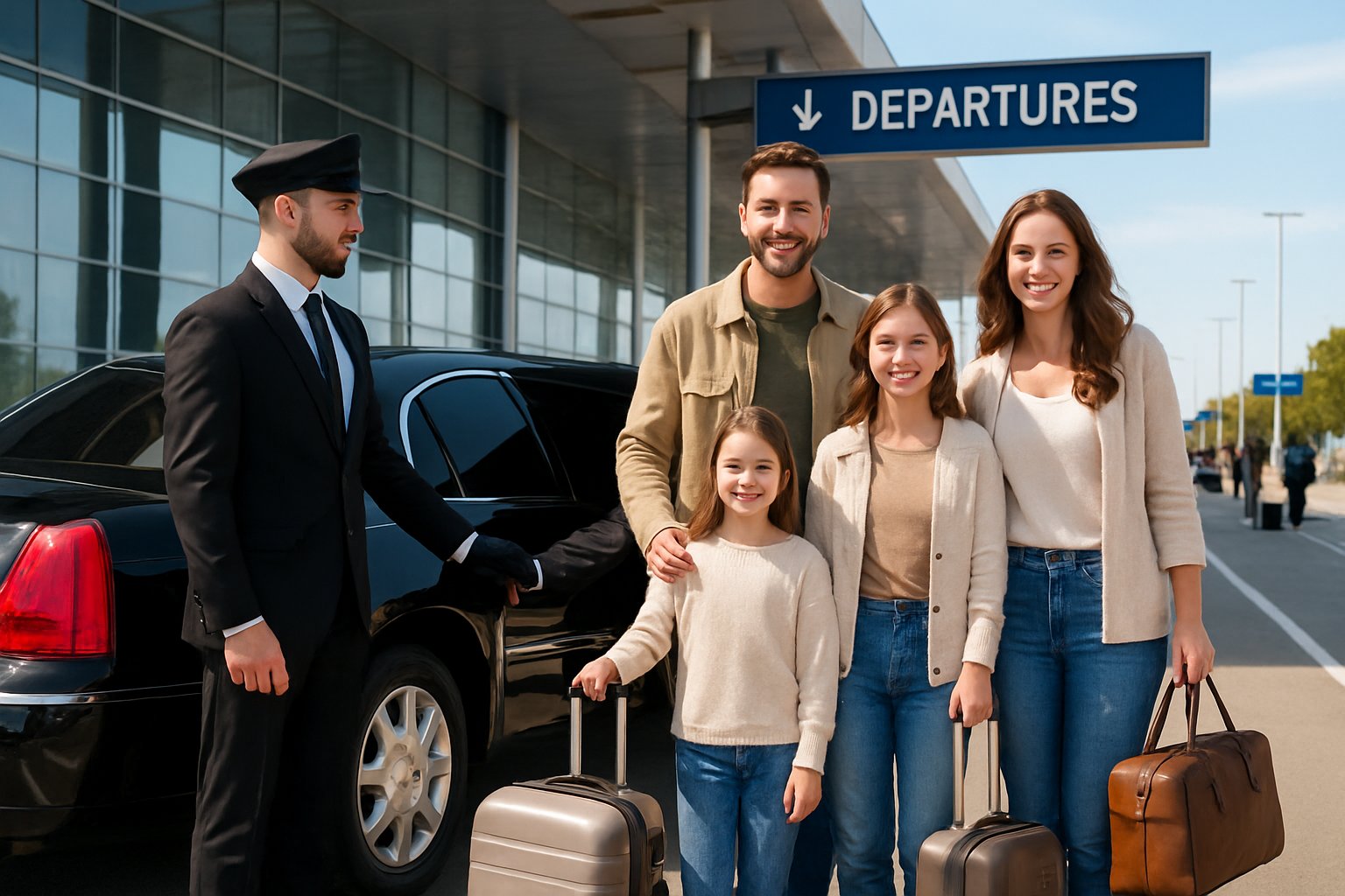 A chauffeur opens the door of a black limousine for a smiling family of four outside an airport terminal.