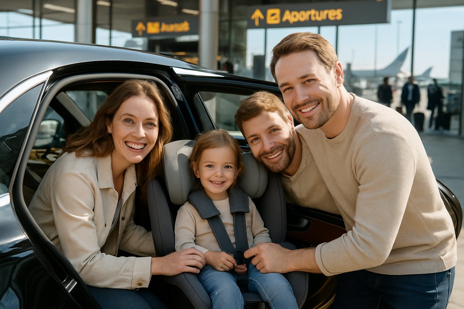 A family with a child in a car seat inside a limousine at an airport terminal.