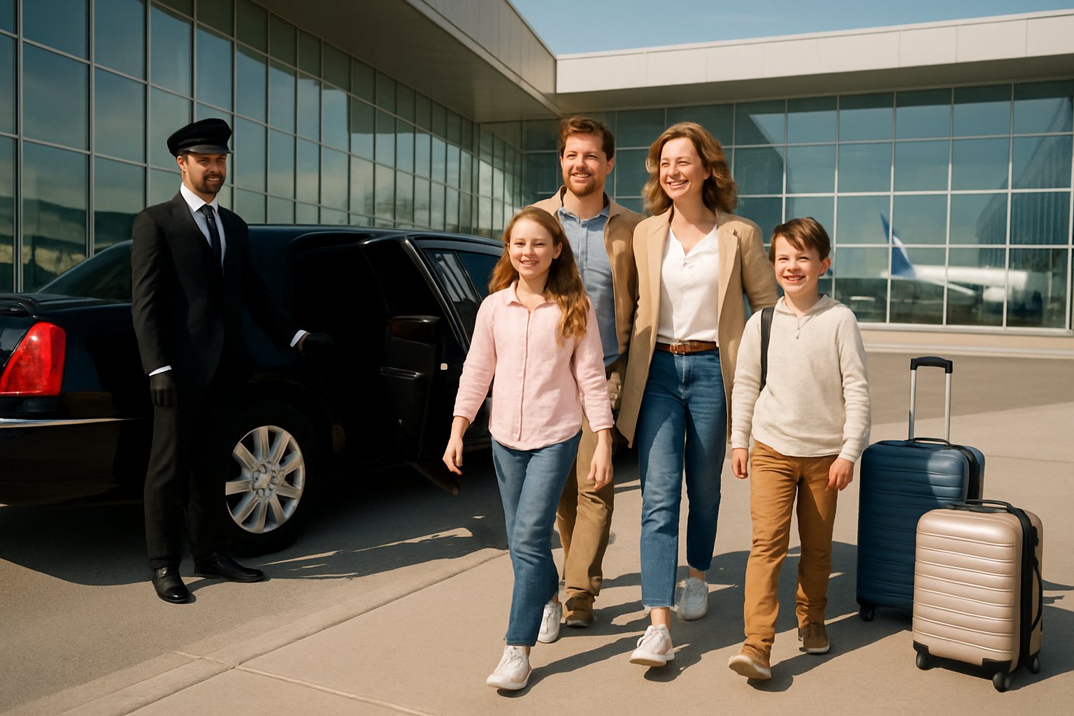 A family of four exiting a black limousine at an airport terminal with a chauffeur holding the door open, luggage nearby, and airplanes visible in the background.
