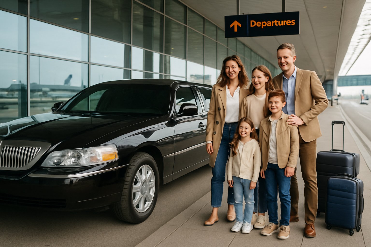A family of four smiling next to a black limousine parked outside an airport terminal with airplanes visible in the background.