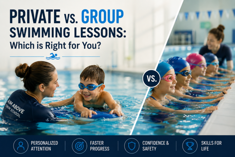 Illustration comparing private swimming lessons and group training sessions