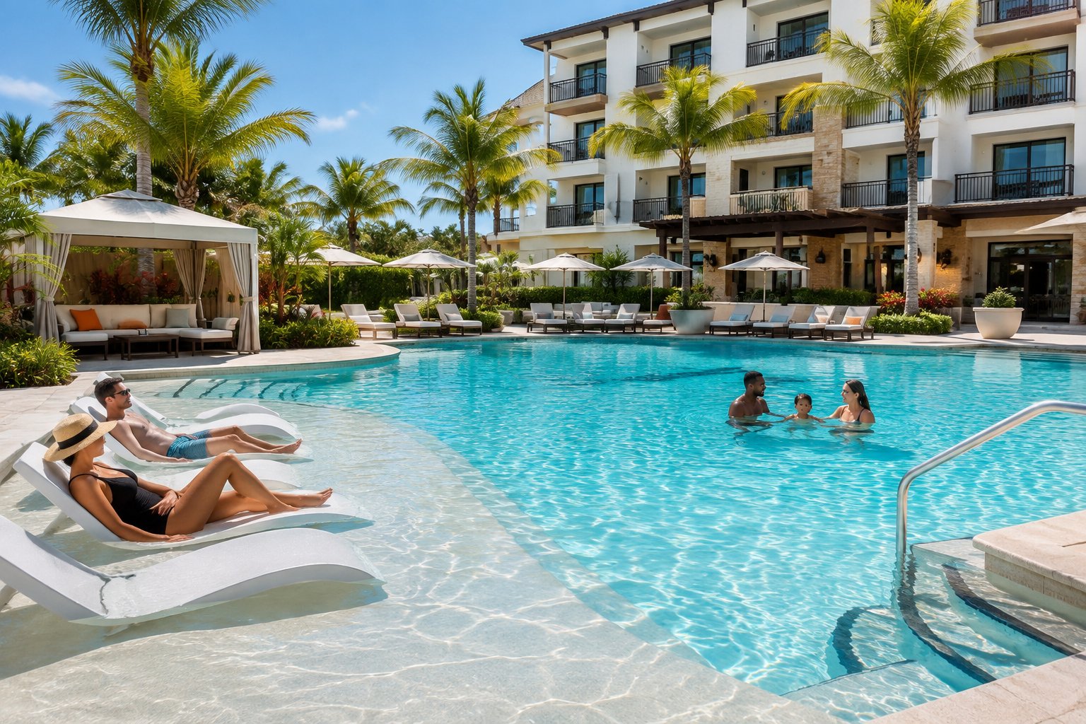 Guests relax beside a hotel pool with shaded seating and landscaped surroundings.