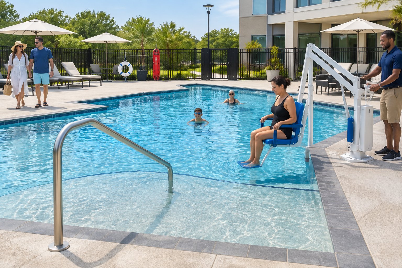 Guests use an accessible hotel pool with a lift, handrails, and a clear deck.