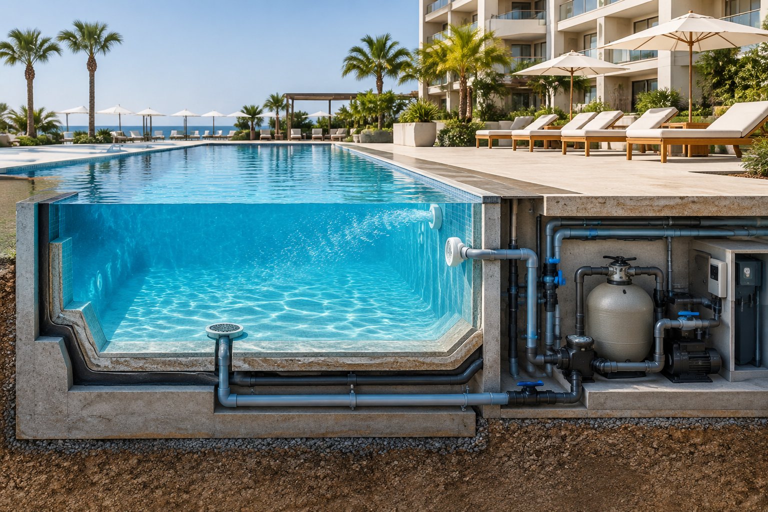 A hotel pool shown above ground with its supporting structure and circulation equipment visible below.