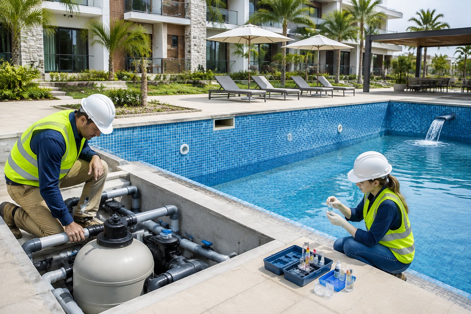 Workers inspect the equipment and water in a newly built hotel pool.