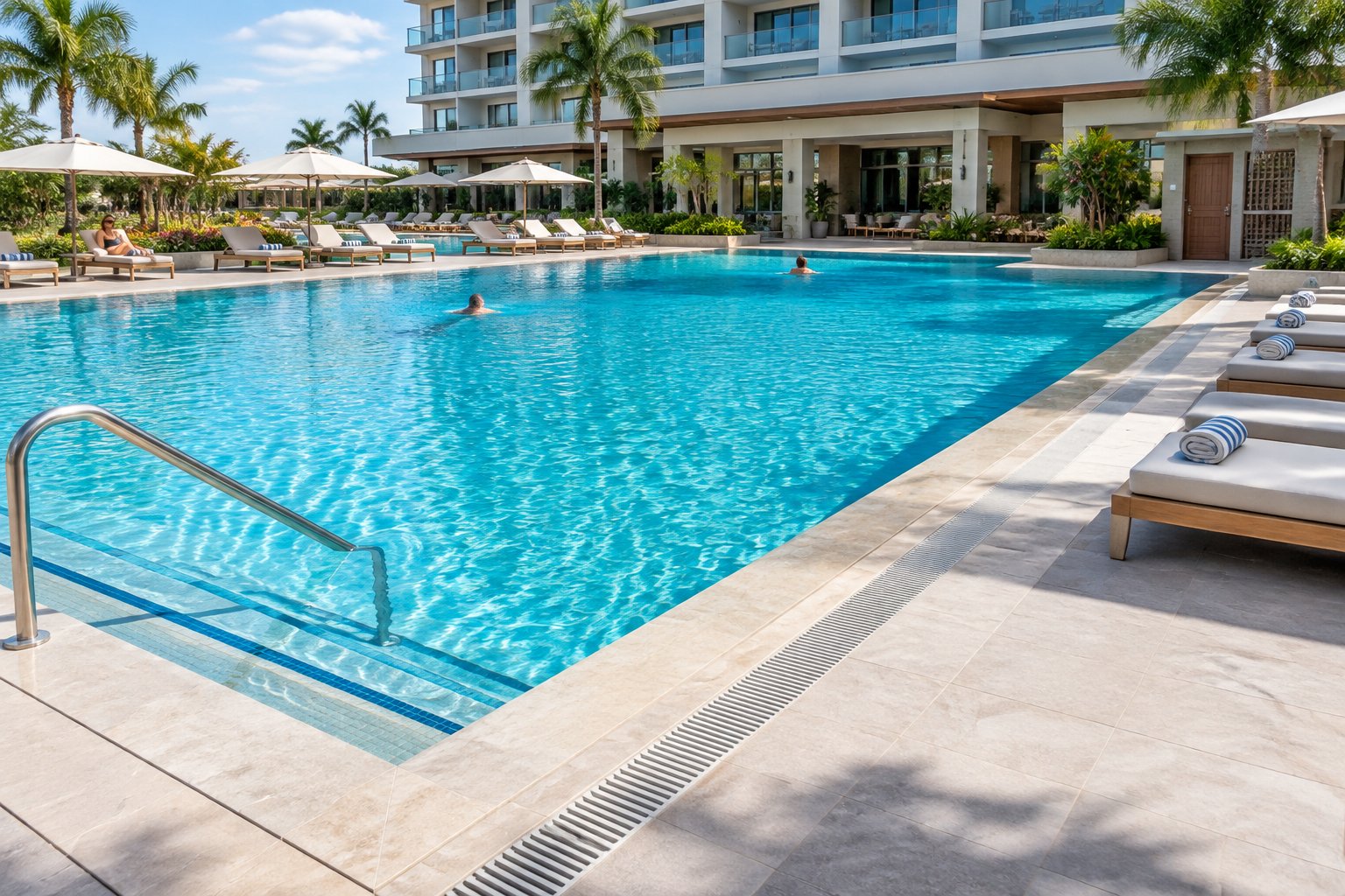 A finished hotel pool with loungers, landscaped surroundings, and guests enjoying the water.