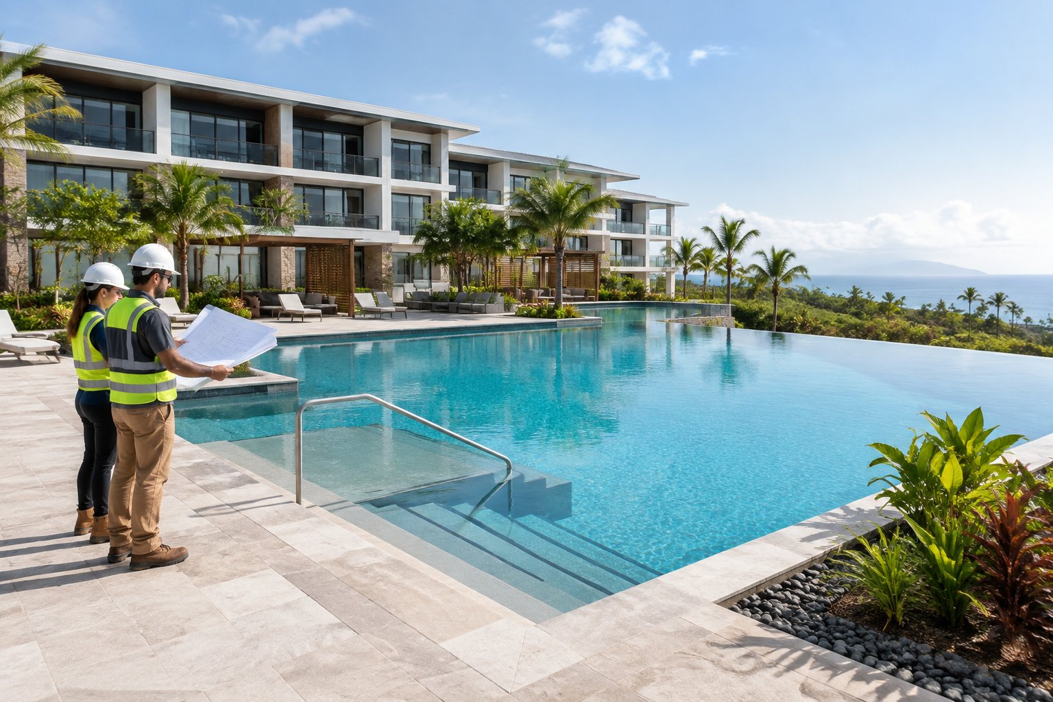 A construction professional reviews plans beside a modern hotel pool.